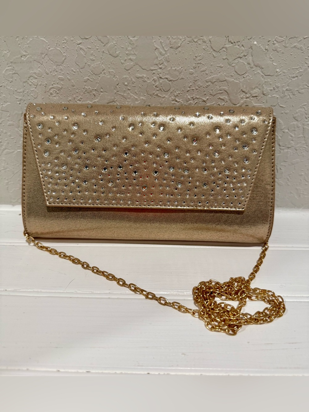 Gold Rhinestone Envelope Clutch with Chain Strap